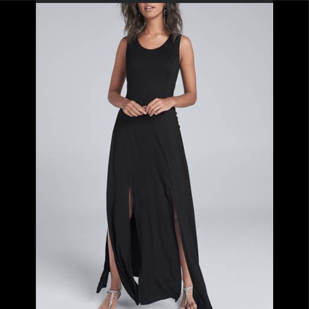ELLA MOSS BLACK DOUBLE LEG SPLIT NWT MAXI SILK RUFFLE FRONT DRESS